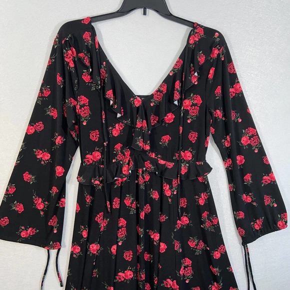 Torrid Dress Womens 0 Black Red Floral Ruffle V Neck Long Sleeve Casual - Picture 2 of 15